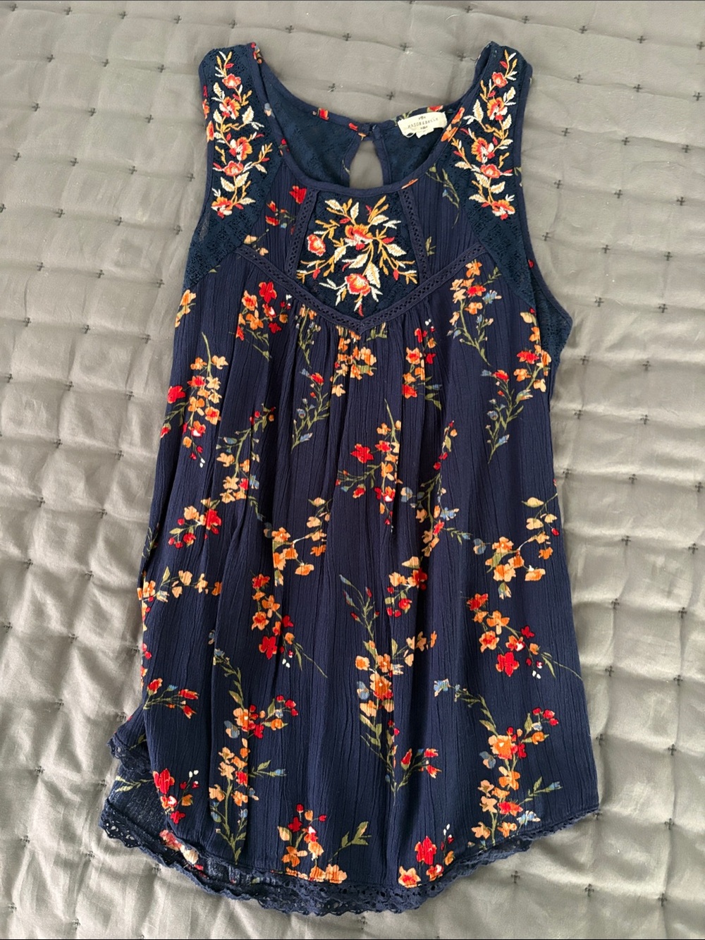 Navy Floral Sleeveless Tunic with Embroidered Yoke
